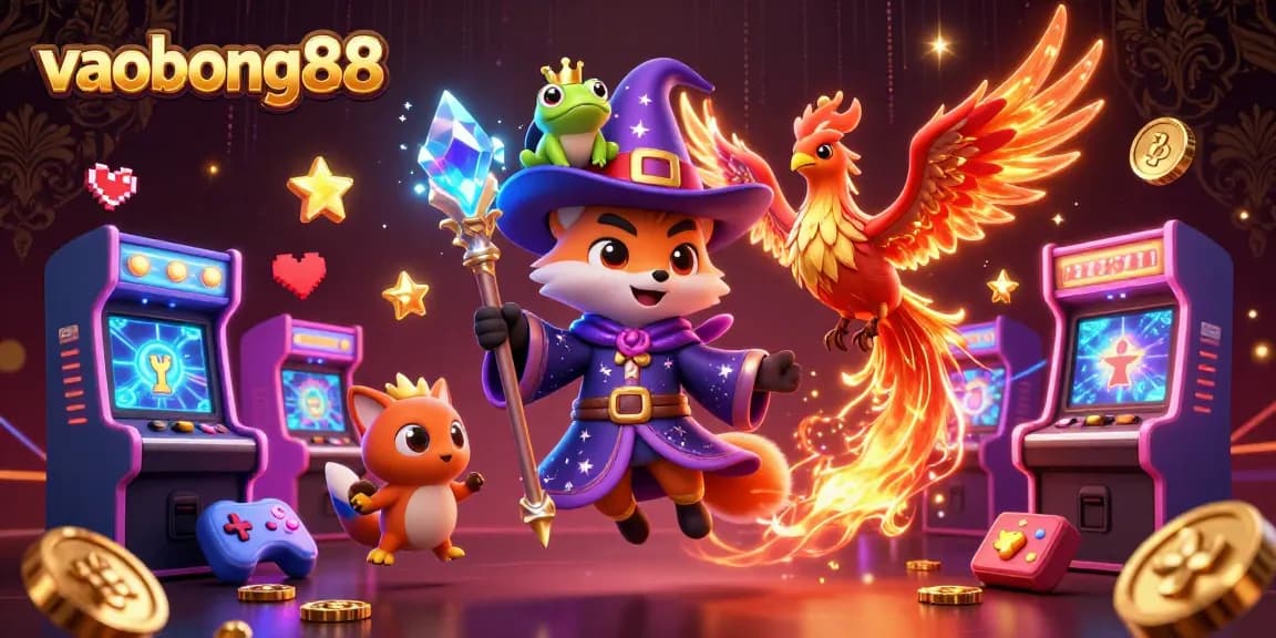 Engage in thrilling gaming adventures at vaobong88 with colorful 3D arcade machines and dynamic illuminated elements.