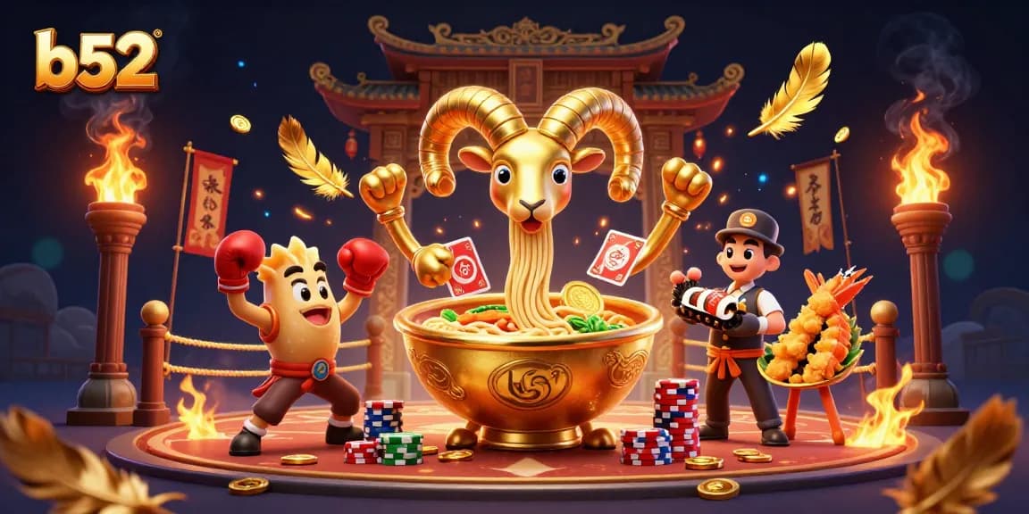 B52 showcases vibrant casino scene with golden ramen bowl character dealing cards and dynamic game elements.