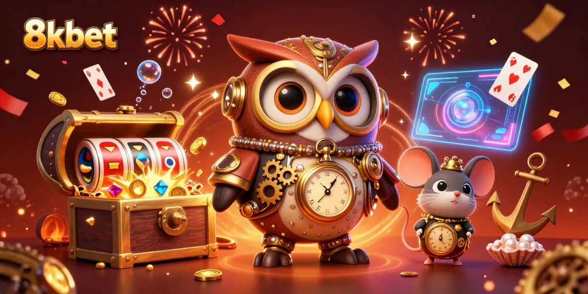 Enter the dynamic world of 8xbet where a time-traveler owl explores vibrant slot machines and treasure.