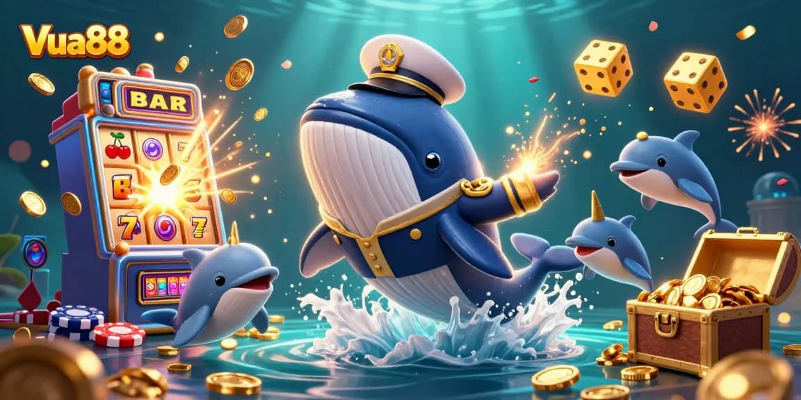 Experience excitement with Vua88 as a whimsical whale breaching in coins, surrounded by playful dolphins and vibrant casino elements.