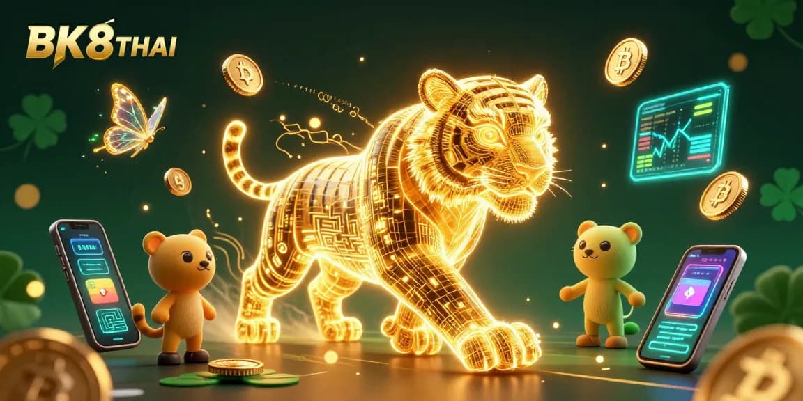 Engage with BK8THAI in a vibrant digital casino world filled with neon elements and a golden tiger.