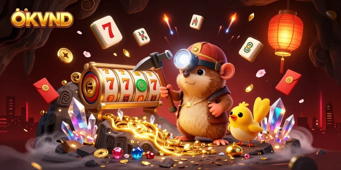 Engage with exciting online gambling at OKVND, featuring a vibrant treasure hunting scene filled with slots and treasures.
