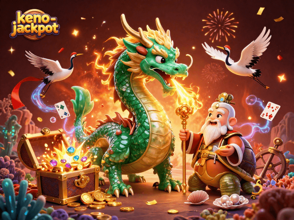 Experience keno-jackpot with powerful visuals of a jade dragon and lucky cranes amid festive elements.
