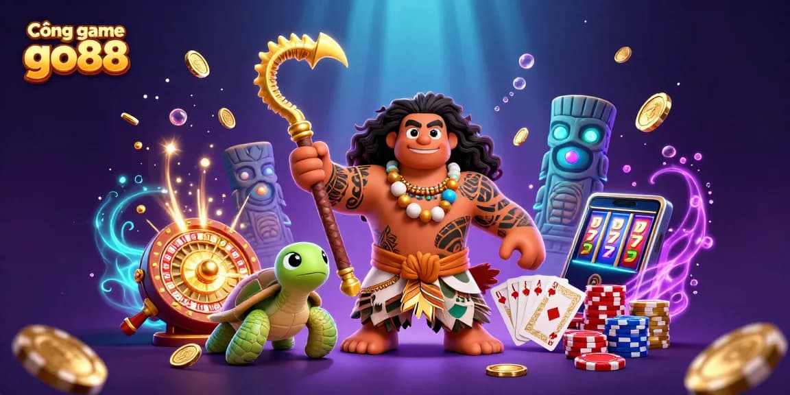 Cổng game go88 showcases an exciting 3D scene with a Polynesian demigod and vibrant casino elements.