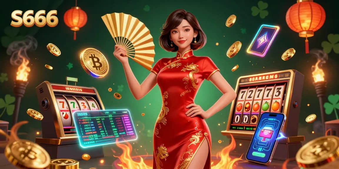 S666 casino action illustration with a confident woman amidst slots, coins, and crypto elements.