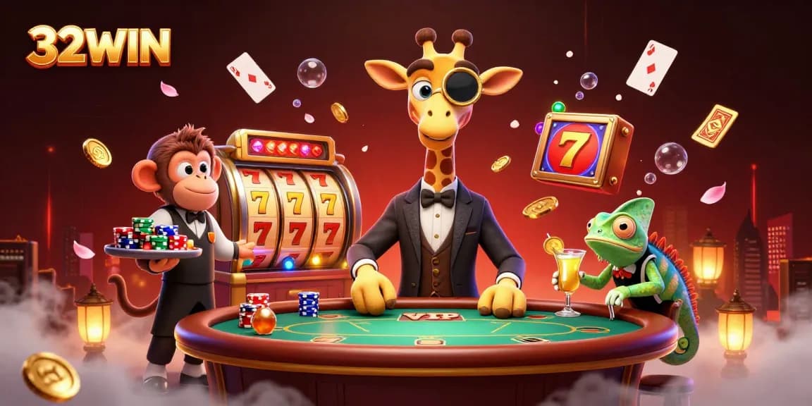 Experience the thrilling atmosphere of 32WIN with a high-roller giraffe at a poker table, surrounded by vibrant casino elements.