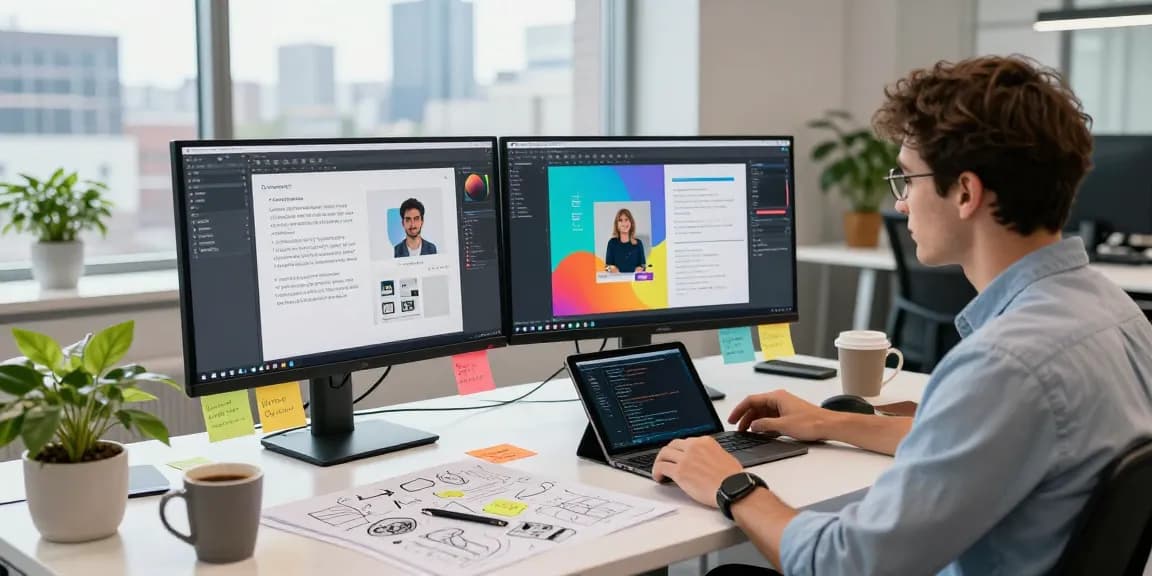 Developer using an AI image generator in a modern tech workspace with vibrant visuals and collaborative elements.
