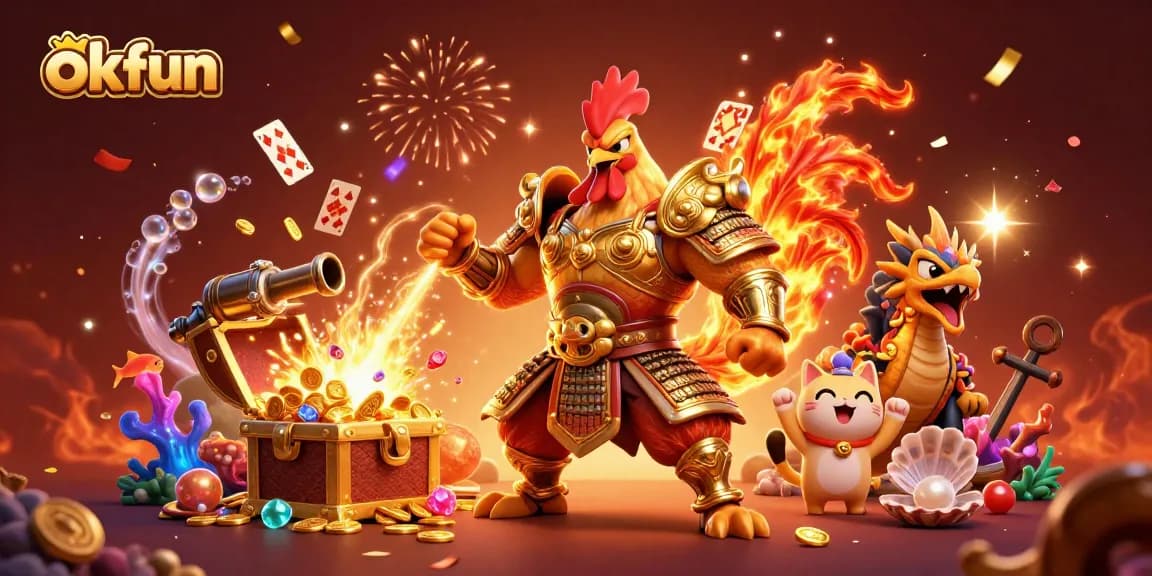 Engage in thrilling action with okfun's dynamic characters amidst vibrant casino elements and rewards.