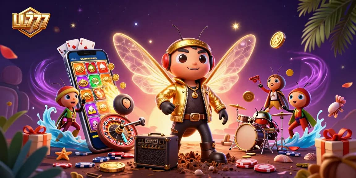 Jam with LL777's vibrant slot gaming scene featuring a buzzing rock star and dynamic games.