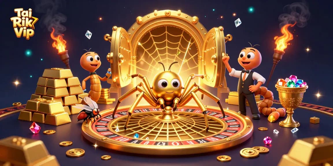 Tải Rik Vip: Explore the exciting roulette wheel scene with charming 3D characters and sparkling treasures.