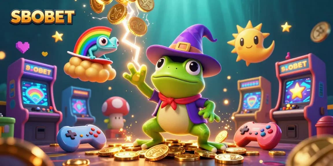 SBOBET players enjoy a vibrant casino scene with characters celebrating wins amidst colorful gaming elements.
