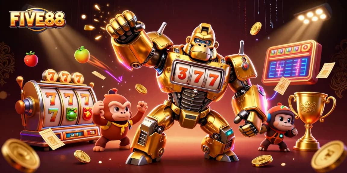 Experience the excitement of FIVE88 with a dynamic golden gorilla mech and animated slot game elements.