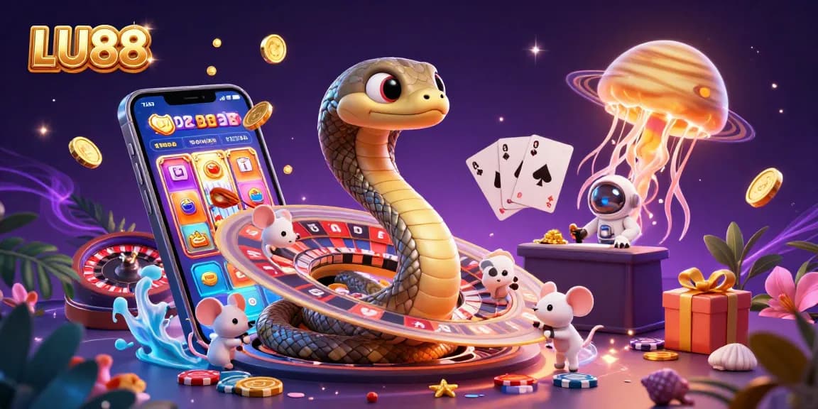 Experience LU88's vibrant gaming scene with a cosmic roulette snake and playful mice betters.