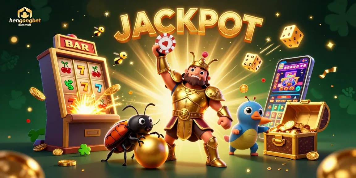 Experience the thrilling jackpot at hengongbet with our cartoon beetle characters celebrating wins amidst a vibrant casino scene.