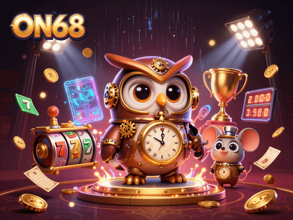 Engaging players at ON68 with an adventurous owl and mouse amidst a vibrant casino scene.