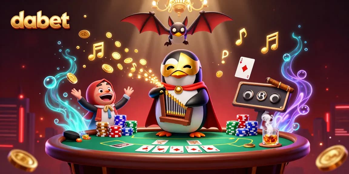 Dabet gambling action with a cartoon penguin and golden coins flying from an organ, amidst poker elements.