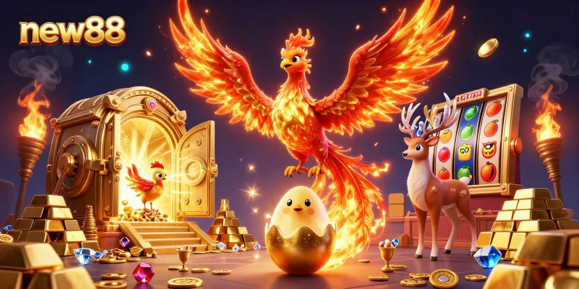 Experience the thrill of new88 with vibrant casino scenes filled with golden treasures and exciting game elements.