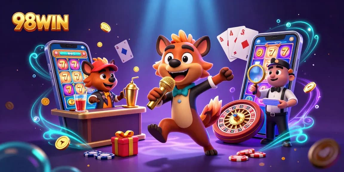 Join the fun at 98WIN as hyenas engage in comedy casino action featuring slots and card games.