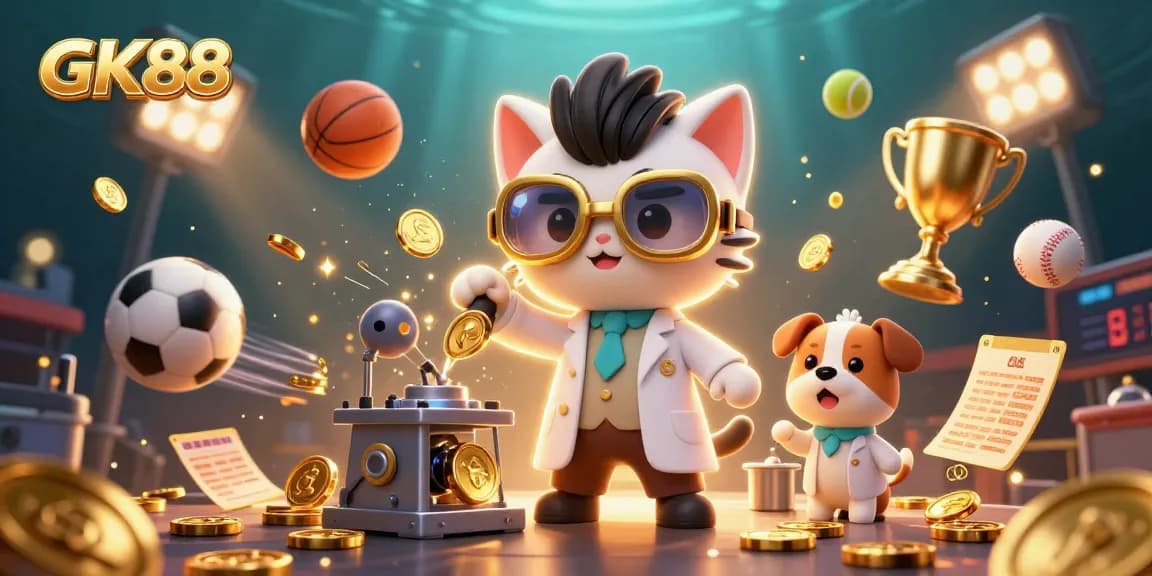 Experience the exciting world of GK88 with a mad scientist cat and dog surrounded by dynamic gaming elements