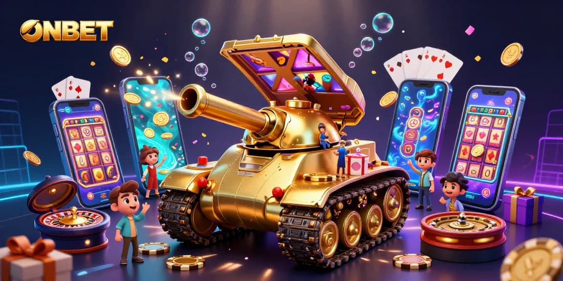 Experience thrilling gameplay with ONBET's massive golden beetle tank revealing a mini casino bursting with excitement and gaming elements.
