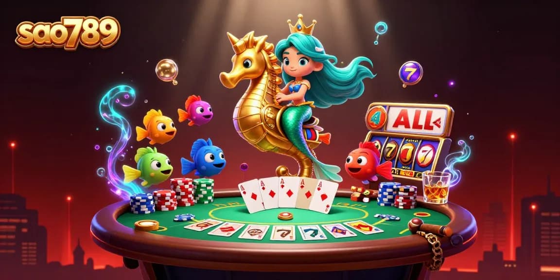 Cherish wins at sao789 with vibrant 3D scene featuring colorful mermaid and poker elements.