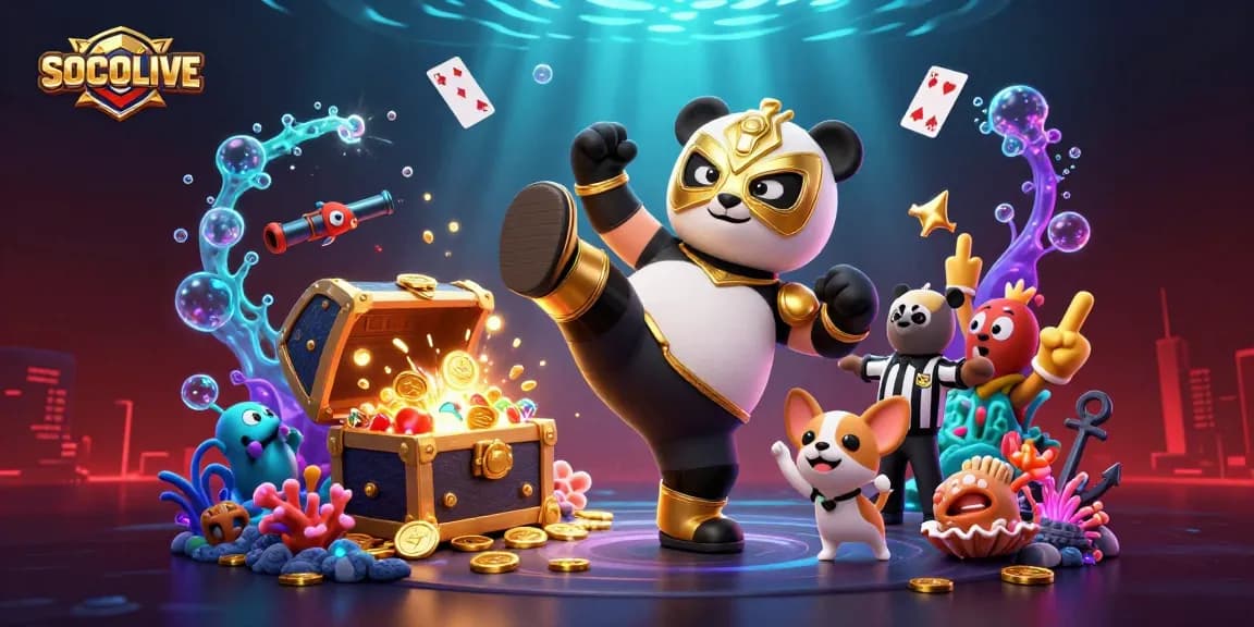 SOCOLIVE showcases a dynamic online casino scene with a wrestler panda and vibrant gambling elements.