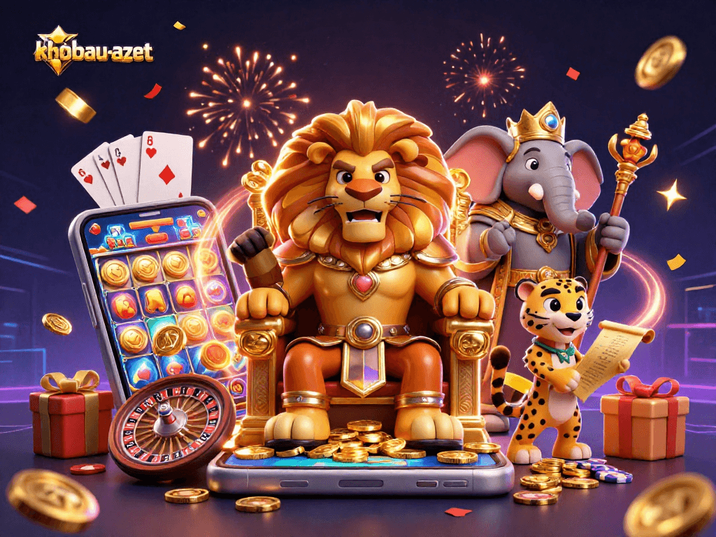 Spin to win with khobau-aztec in this vibrant 3D casino illustration showcasing dynamic gaming elements and excitement.