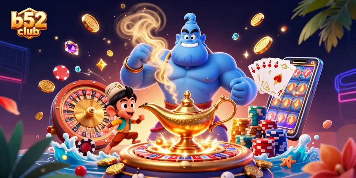 B52club captures the thrill of gaming with a vibrant scene of a genie, monkey, and magic carpet amidst casino elements.