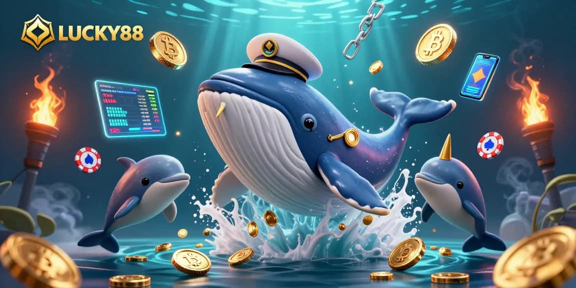 Engage with LUCKY88's vibrant casino world featuring a whale, narwhal, and dolphins among coins and crypto.