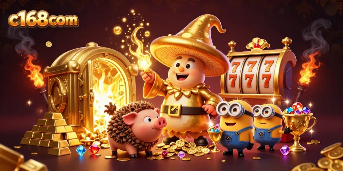 Spin slots with exciting rewards at c168com, featuring a magical golden world brimming with treasures.