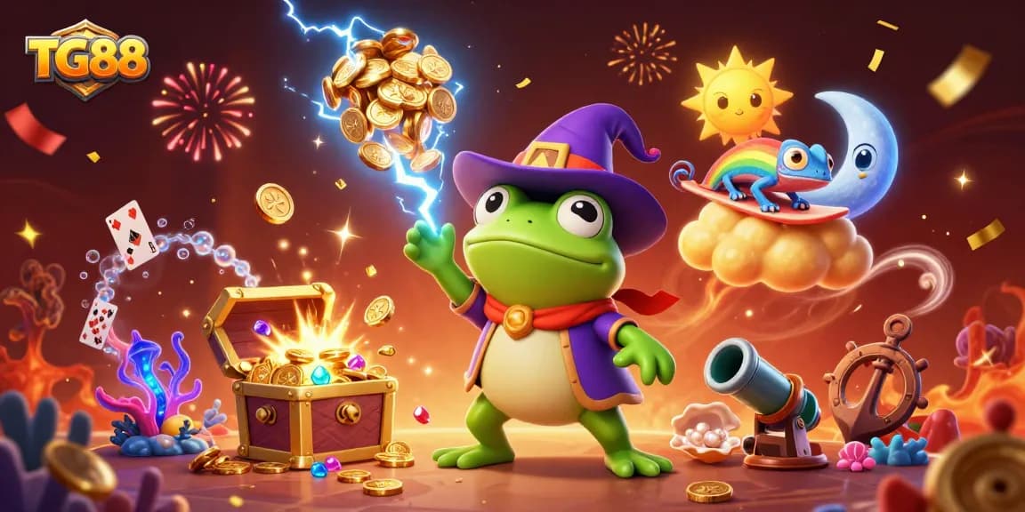 Experience the magic of TG88 with our vibrant casino adventure featuring wizard frogs and chameleons.