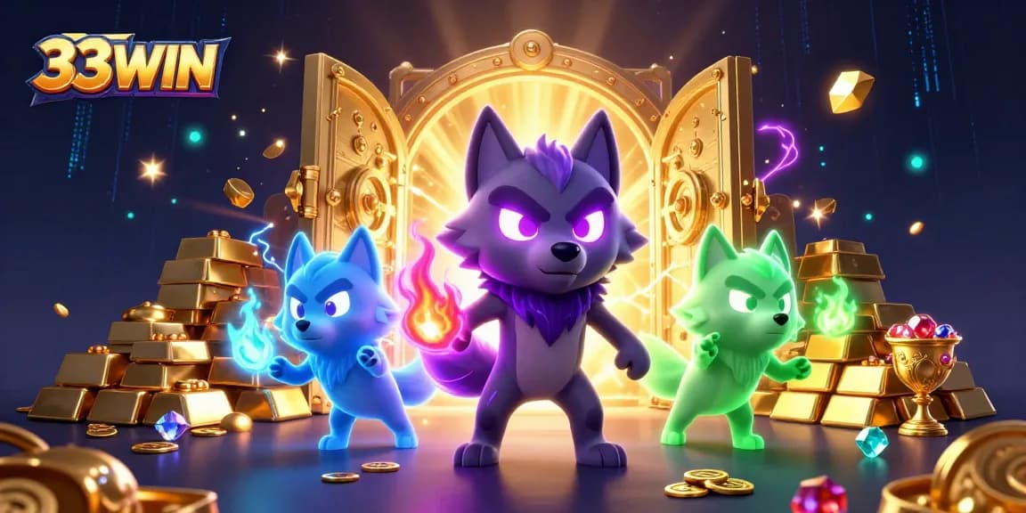 33WIN presents a thrilling casino experience with ghostly wolves leading a treasure hunt amidst sparkling gems.