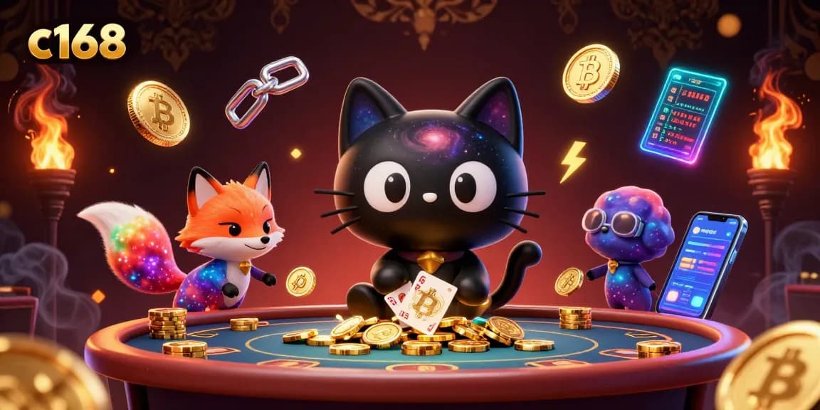 C168 players spinning golden chips at a cosmic casino with crypto animations