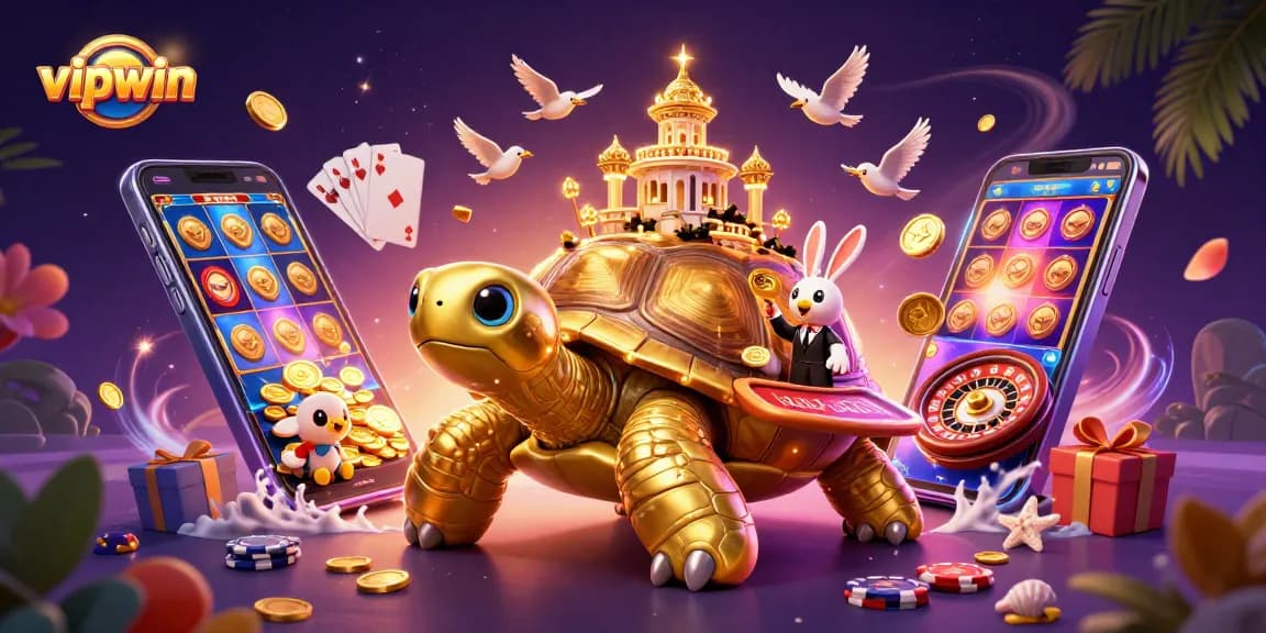 Experience exciting gaming with VIPWIN, showcasing a vibrant casino scene filled with golden coins and colorful games.