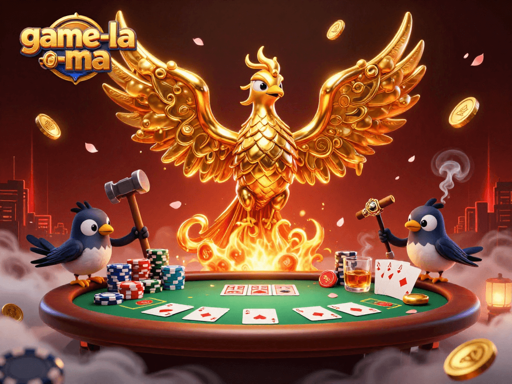 Engage with game-la-ma as golden phoenix and sparrow assistants create a vibrant casino scene.