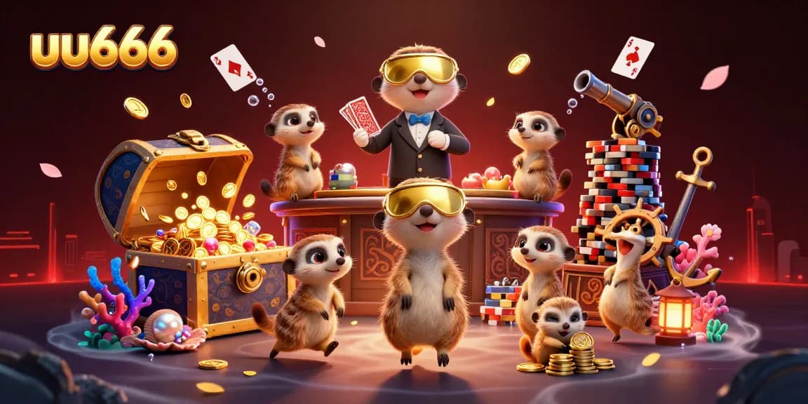 Experience excitement at uu666 with meerkats managing casino games amidst treasure and fun.
