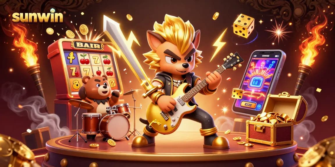 Experience the thrill of sunwin with a vibrant casino stage featuring cartoon characters, slot machines, and gaming excitement.