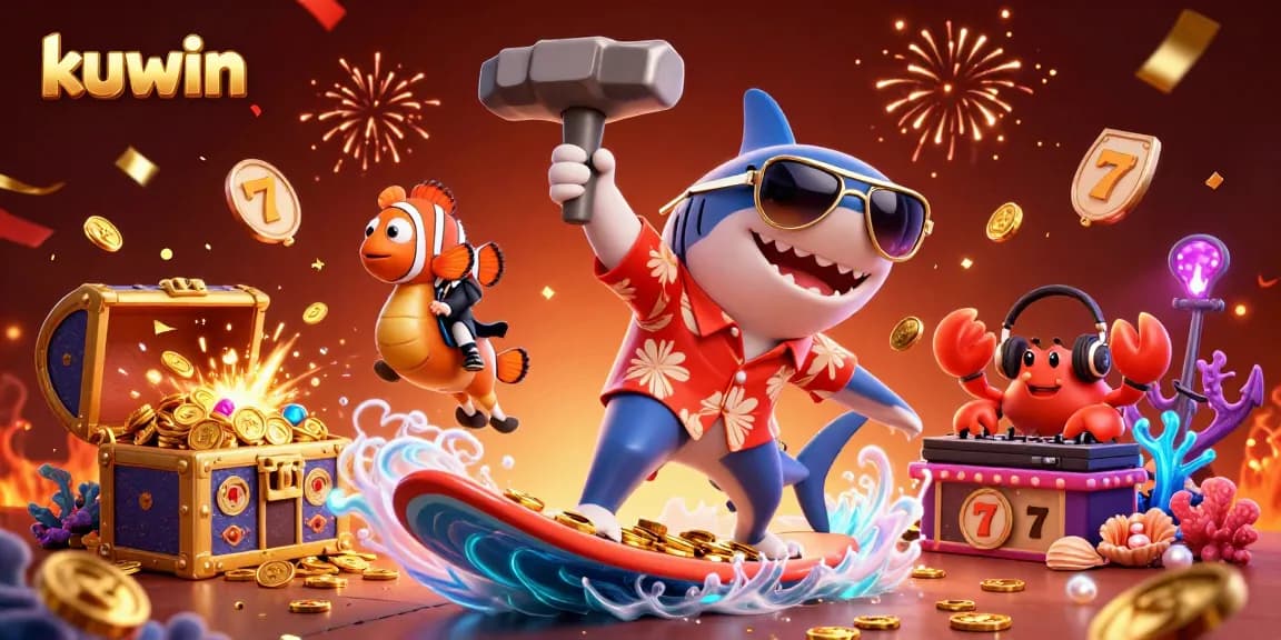 Kuwin immerses players in a vibrant casino underwater adventure with characters embracing thrilling games and excitement.
