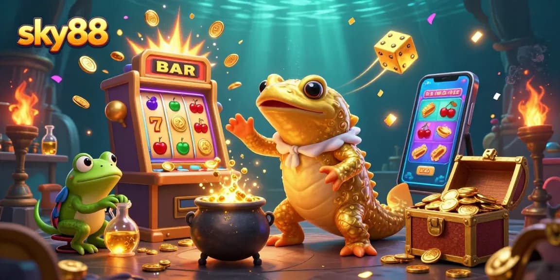 Experience the excitement of sky88 with vibrant casino elements and enchanting characters in a rich 3D illustration.
