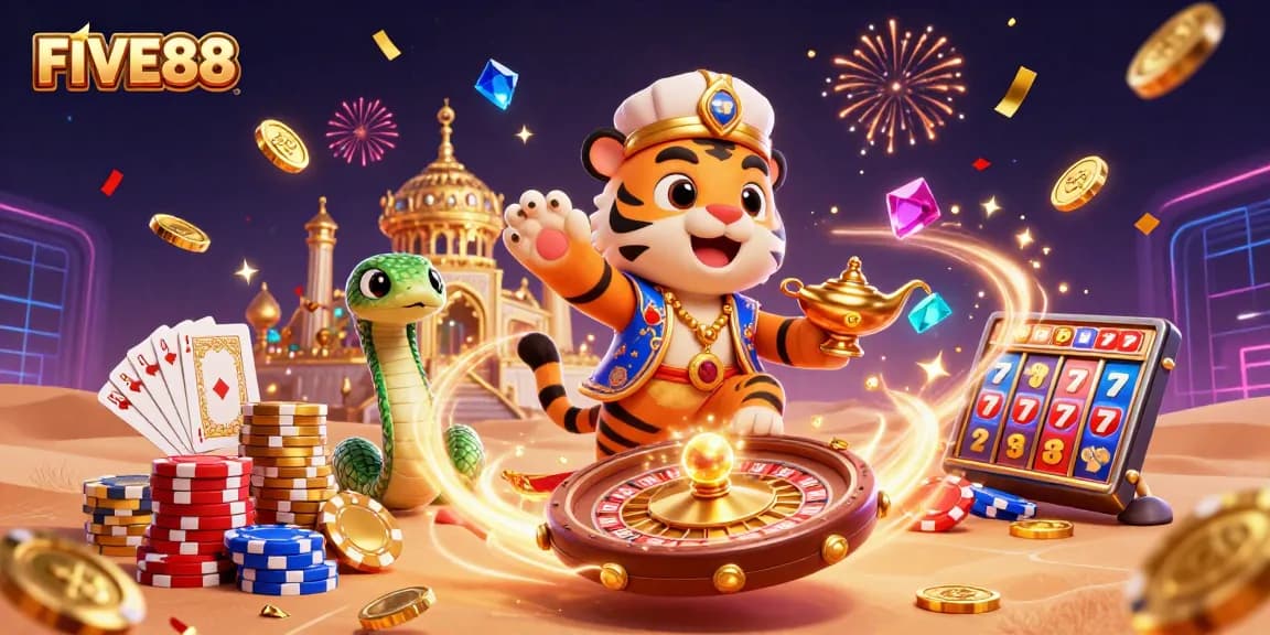 Experience the thrill of FIVE88 with an Arabian-themed 3D casino scene featuring regal characters and dynamic gaming elements.