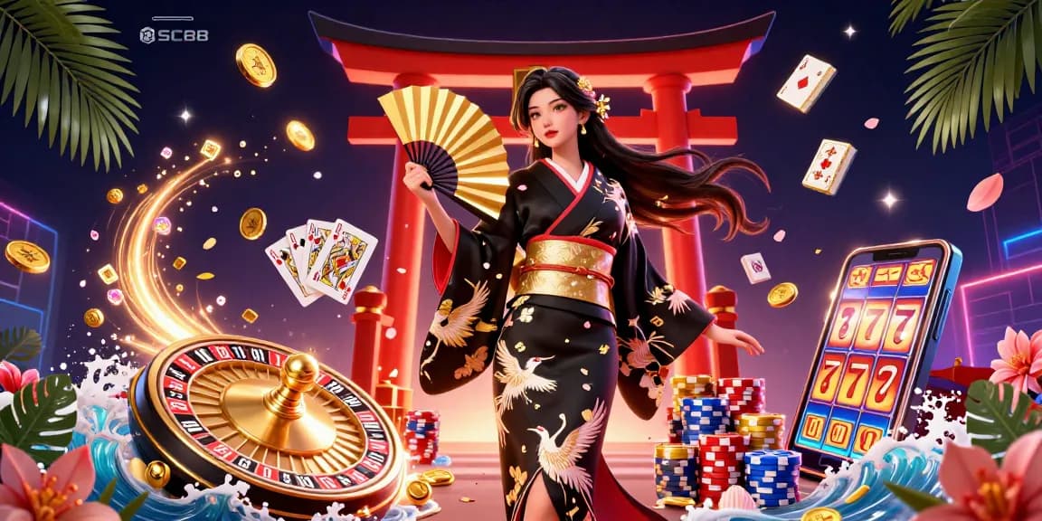Experience the innovation and excitement of SC88 online gambling with this dynamic illustration of a graceful Asian woman amid casino elements.