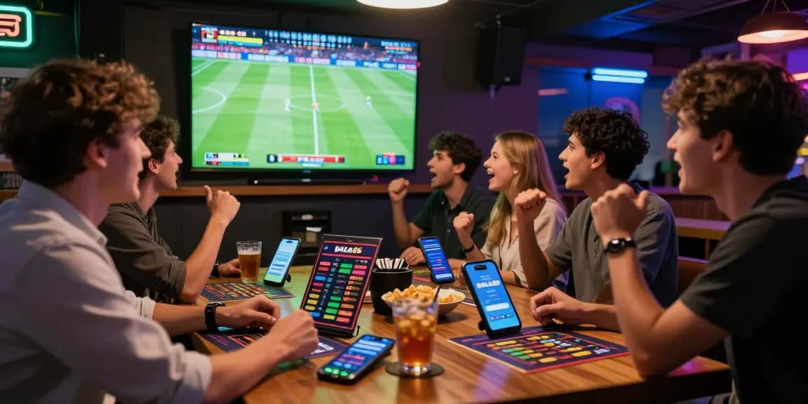 Exciting sports betting scene highlighting Taruhan Mix Parlay Bola88 with friends celebrating bets.