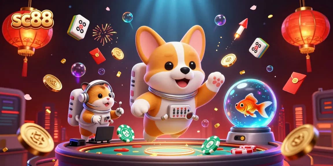 Experience fun with sc88’s vibrant casino adventure featuring a floating corgi, poker chips, and festive decorations.
