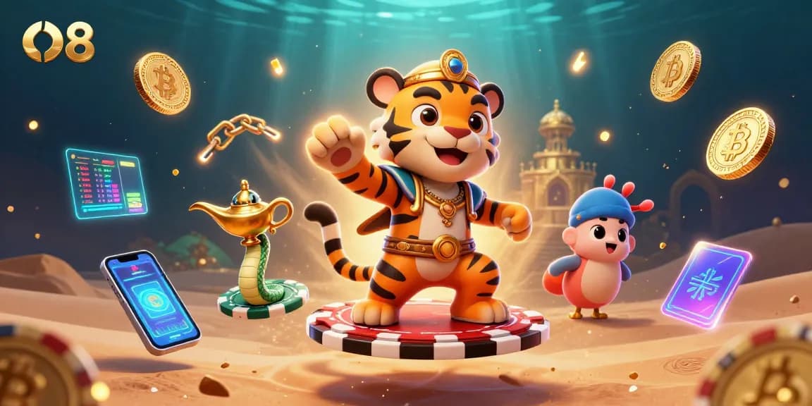 Experience O8 gaming magic with a vibrant 3D illustration capturing casino excitement.