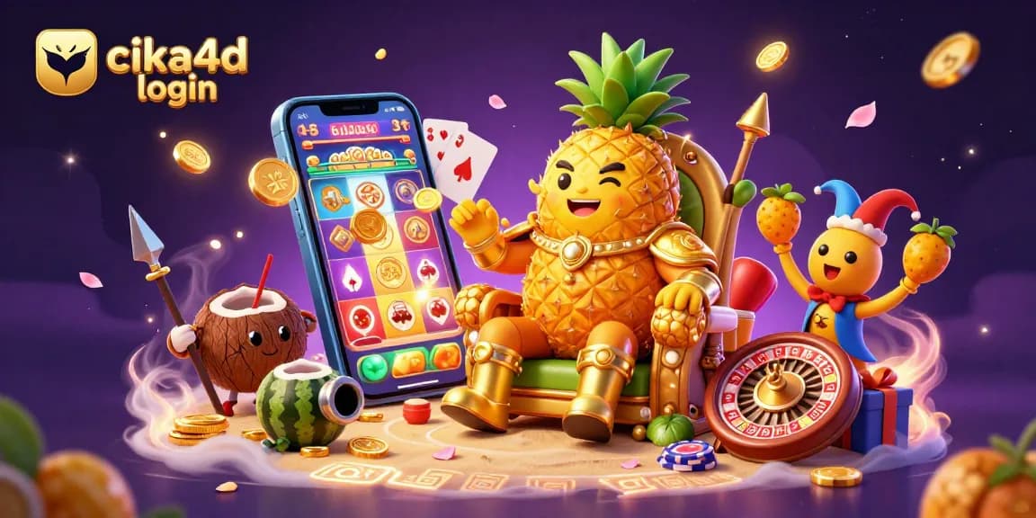 Experience the excitement of wins with cika4d login in this vibrant beach casino scene featuring a golden pineapple king.