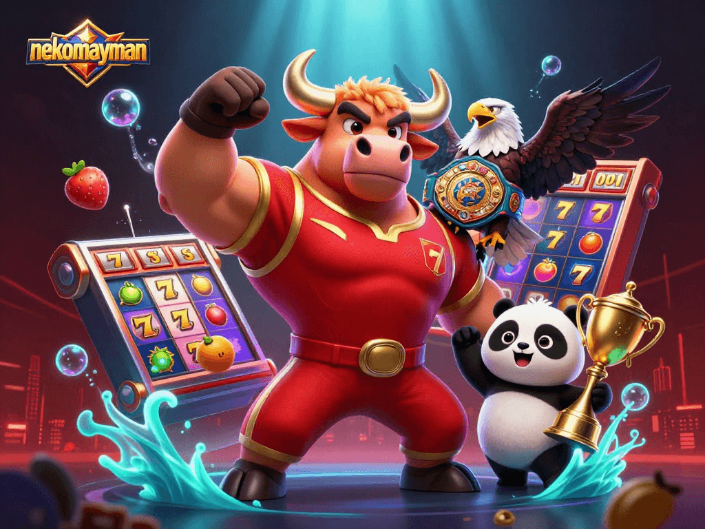 Engage with nekomayman as the energetic bull mascot celebrates wins amidst slots and jackpots.