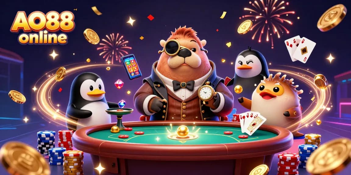 Experience the thrill of AO88 online poker with a jolly walrus and friends in this vibrant scene.