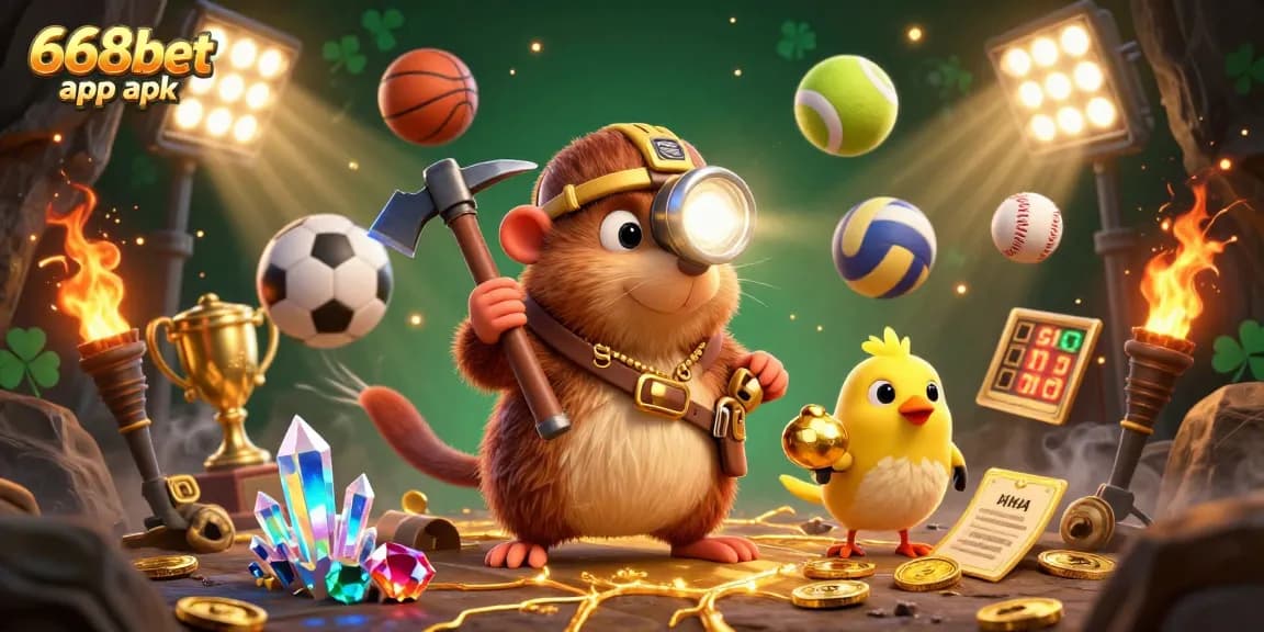 Engage with the exciting 668bet app apk in a vibrant 3D casino scene filled with dynamic sports elements.