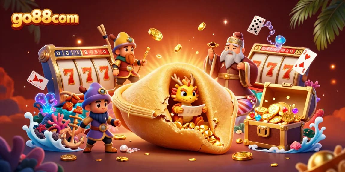 Experience vibrant slots action at go88com with a golden fortune cookie and dragon surrounded by riches.