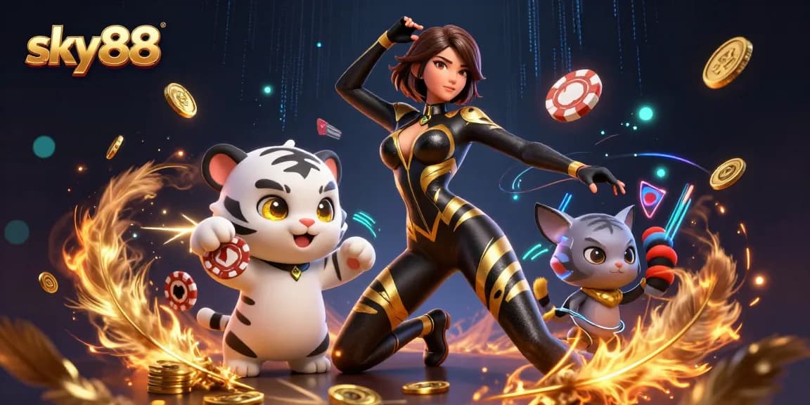 Engage in sky88's thrilling gameplay with an exciting 3D casino scene featuring vibrant characters and dynamic effects.